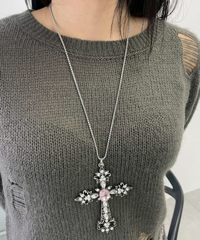 Lストーンクロスネックレス/ピンク