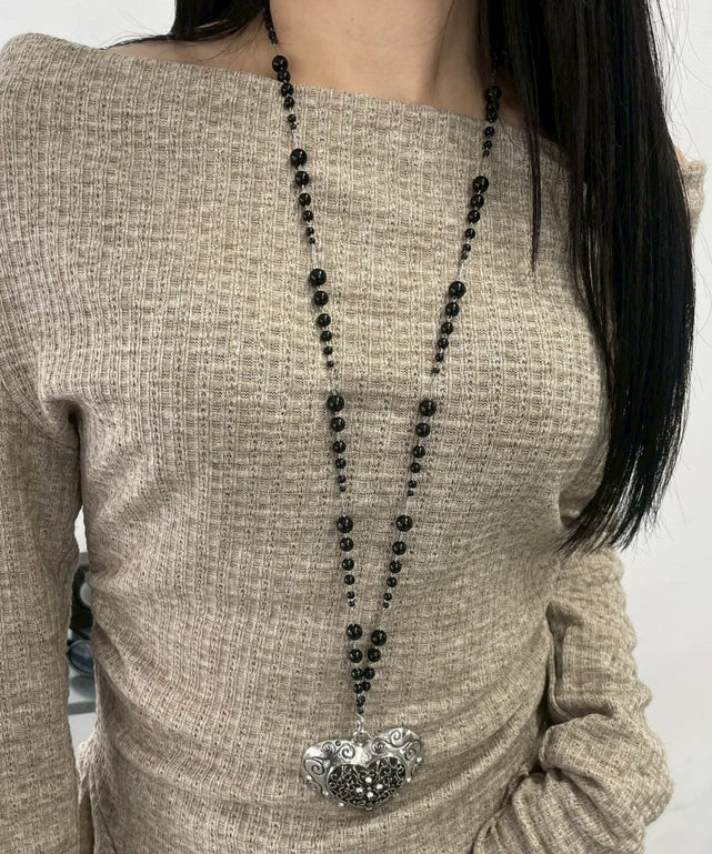 LアンティークBIGハートモチーフネックレス/ブラック