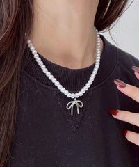 Lメタルリボンパールネックレス