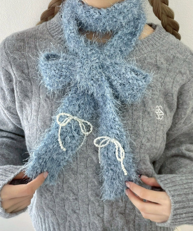 パールリボンシャギーニットナローマフラー/ブルー