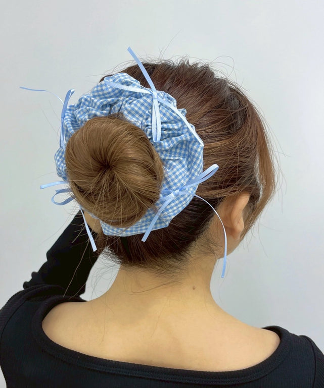 Lギンガムチェックリボンシュシュ/サックス