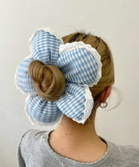 Lギンガムチェックフリルフラワーシュシュ