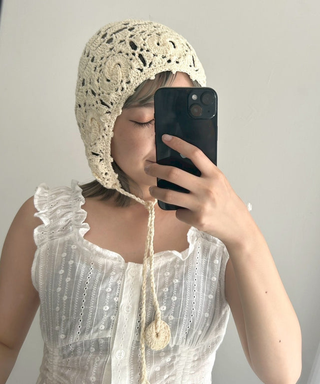 紐付きクロシェハット/ホワイトアイボリー