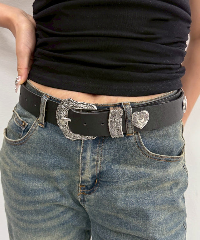 Lハートストーンウエスタンベルト/ブラック