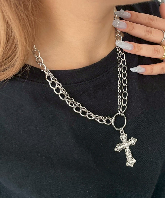 Lラインストーンクロスモチーフネックレス/シルバー