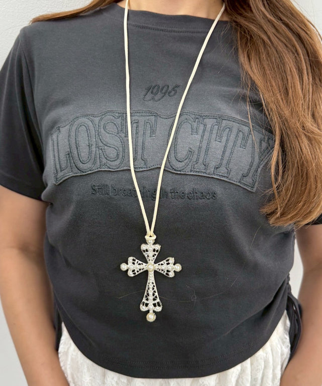 Lパールクロスコードネックレス/ホワイト