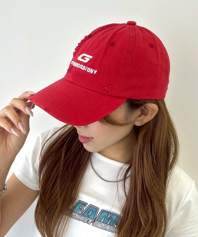 Lロゴ刺繍ダメージキャップ/レッド