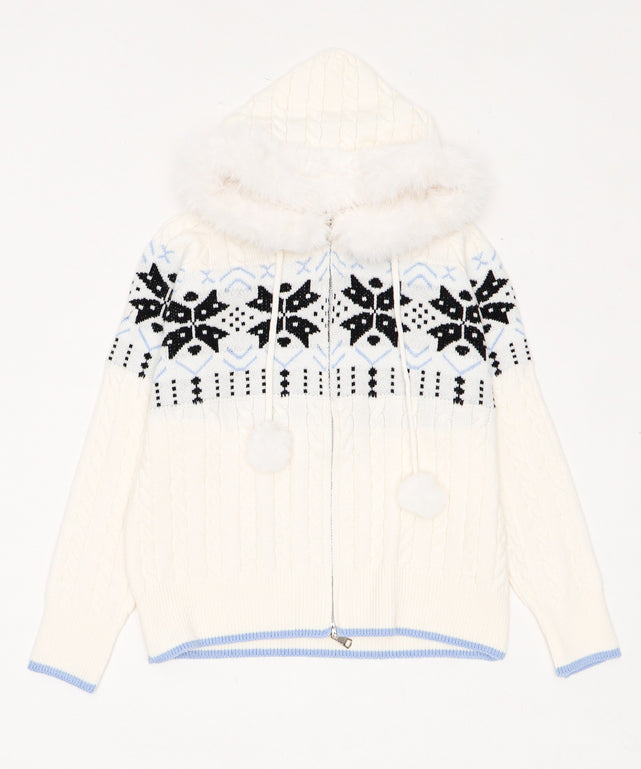 Fファーフードノルディックニットパーカー/ホワイトアイボリー