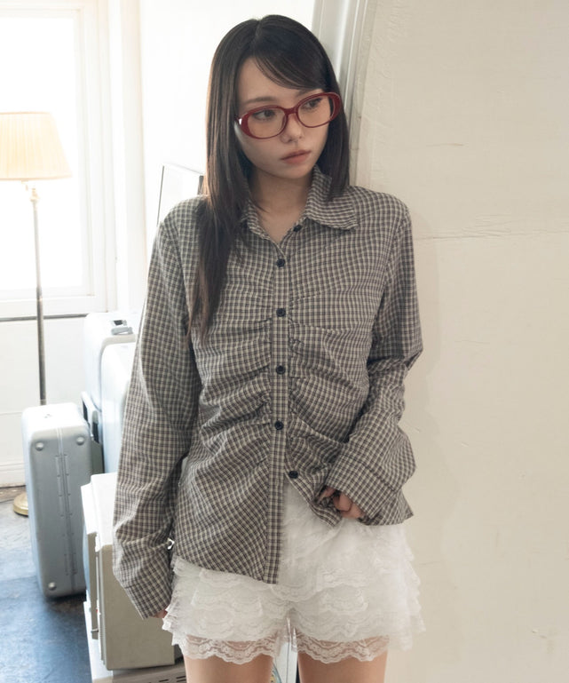 フロントギャザーチェックシャツ/ベージュ　モデル：159cm F着用