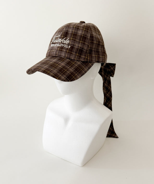 ロゴ刺繍チェックリボンキャップ/ブラウン