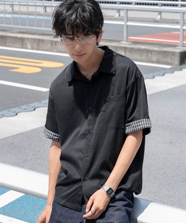 クロップドSSロールアップチェックシャツ/ブラック モデル：180cm L着用