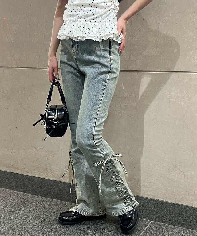 レースアップフレアパンツ/デニム中濃 モデル：157㎝ F着用
