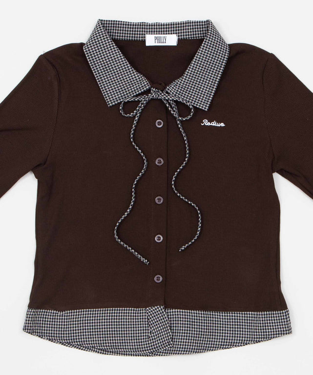 リボンブラウスドッキング長袖トップス