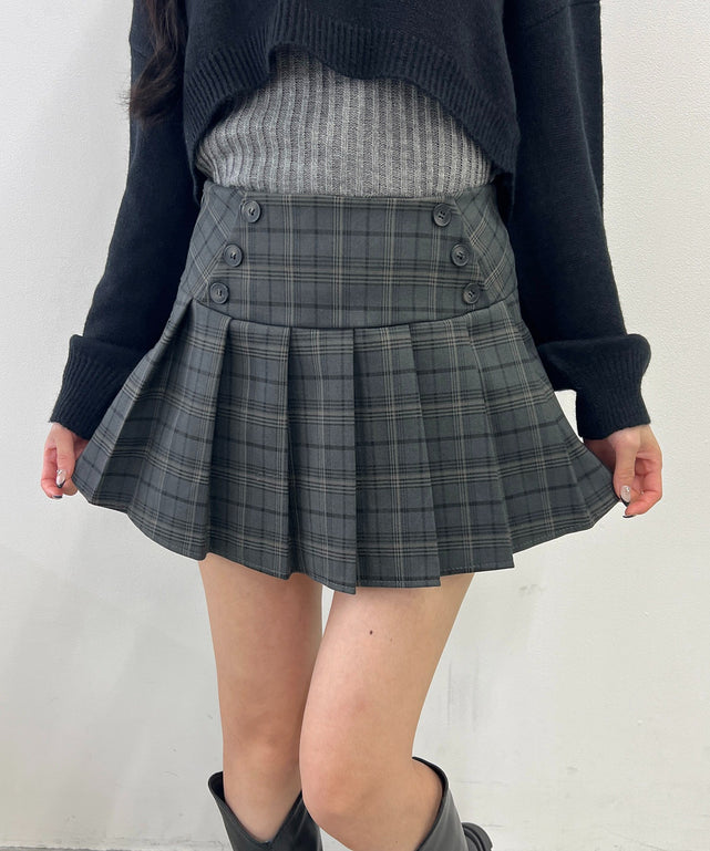 ボタンデザインチェックミニスカート/グレー モデル：158㎝ F着用