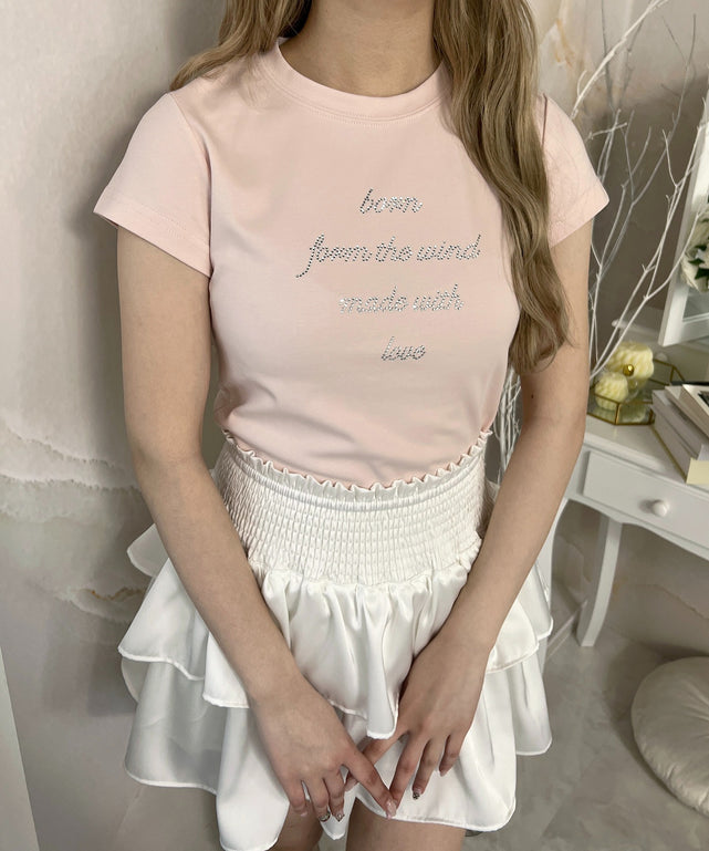 ラインストーンメッセージTシャツ/ピンク モデル：160㎝ F着用