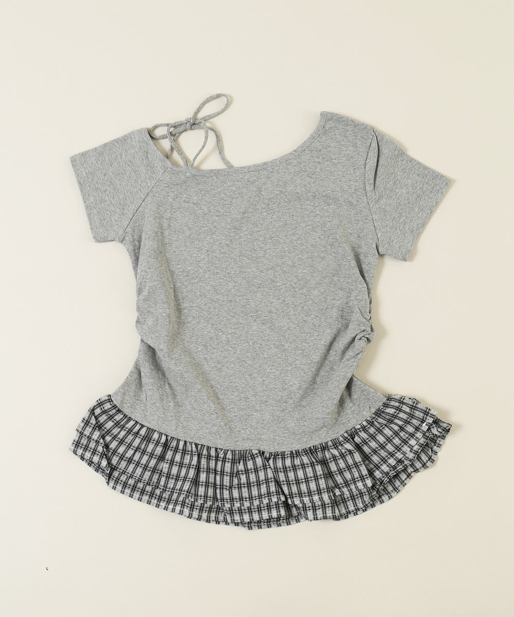 チェックパッチオフショルフリルTシャツ