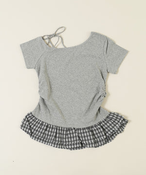 チェックパッチオフショルフリルTシャツ
