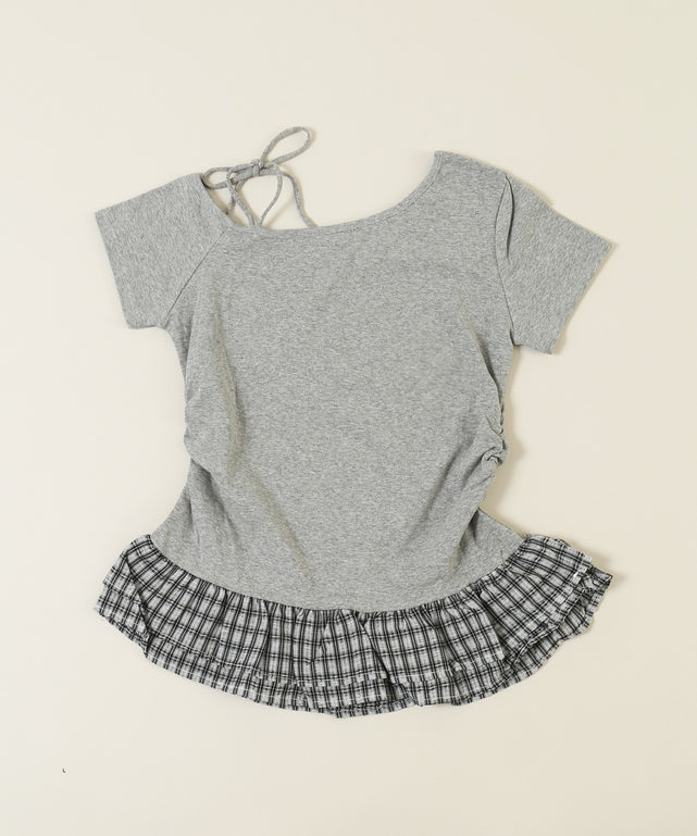 チェックパッチオフショルフリルTシャツ