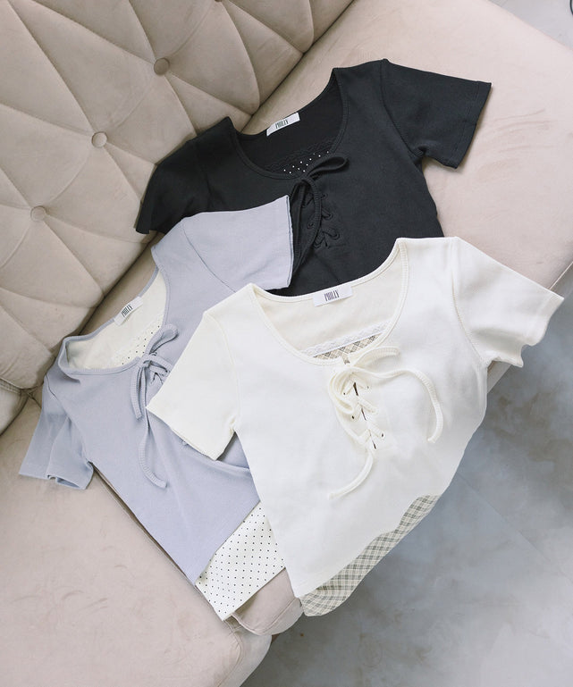 アソートレイヤードレースアップTシャツ/アソートレイヤードレースアップTシャツ