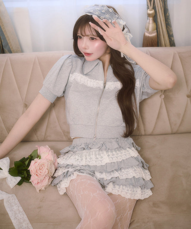 襟付きレースポイント半袖パーカー/グレー モデル：164㎝ F着用