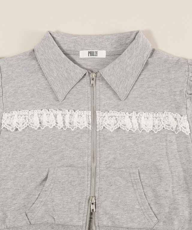 襟付きレースポイント半袖パーカー