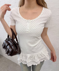 ヘムフリルドット半袖トップス