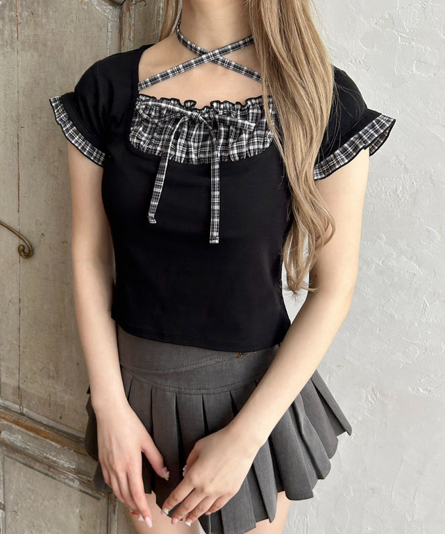 チェックレイヤードチョーカーTシャツ/ブラック モデル：160㎝ F着用