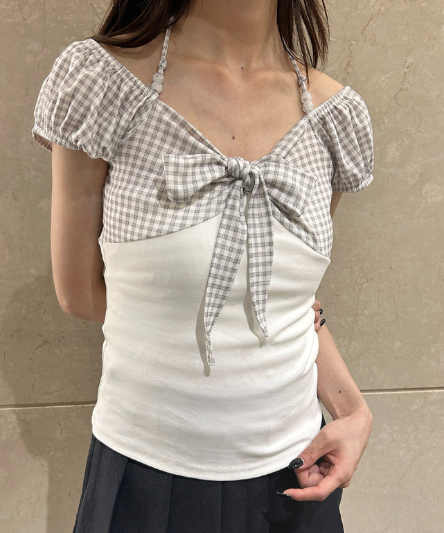 チェックキリカエプチパフスリーブトップス/ホワイト モデル：157㎝ F着用