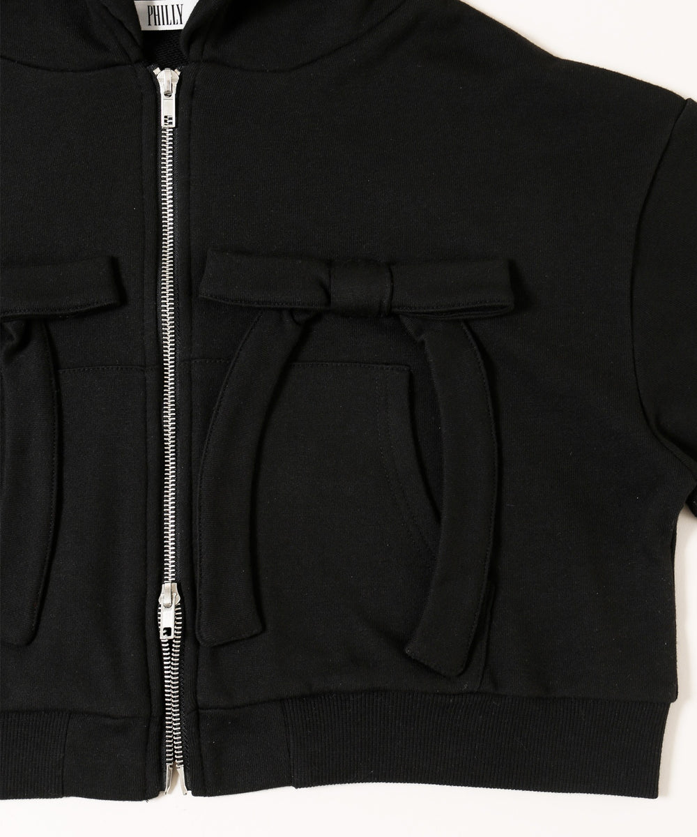 フリルフードリボンジップパーカー