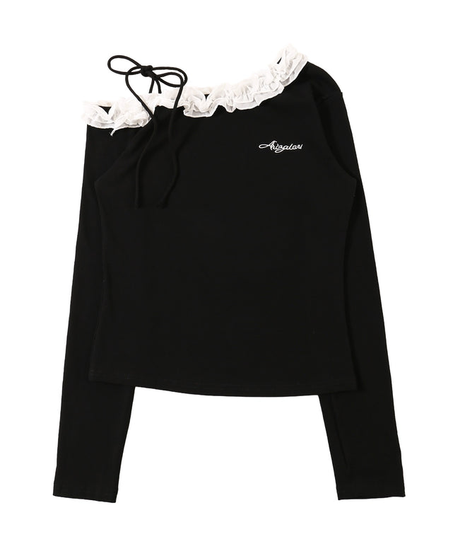 肩リボンオフショルフリルロンT