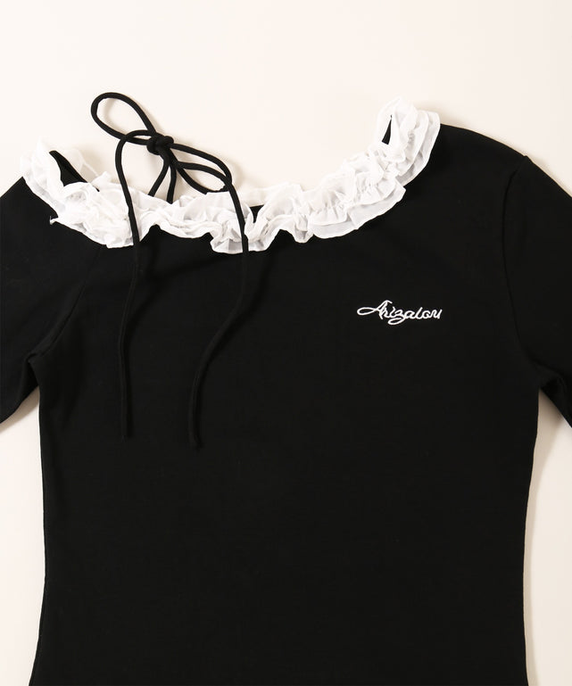 肩リボンオフショルフリルロンT