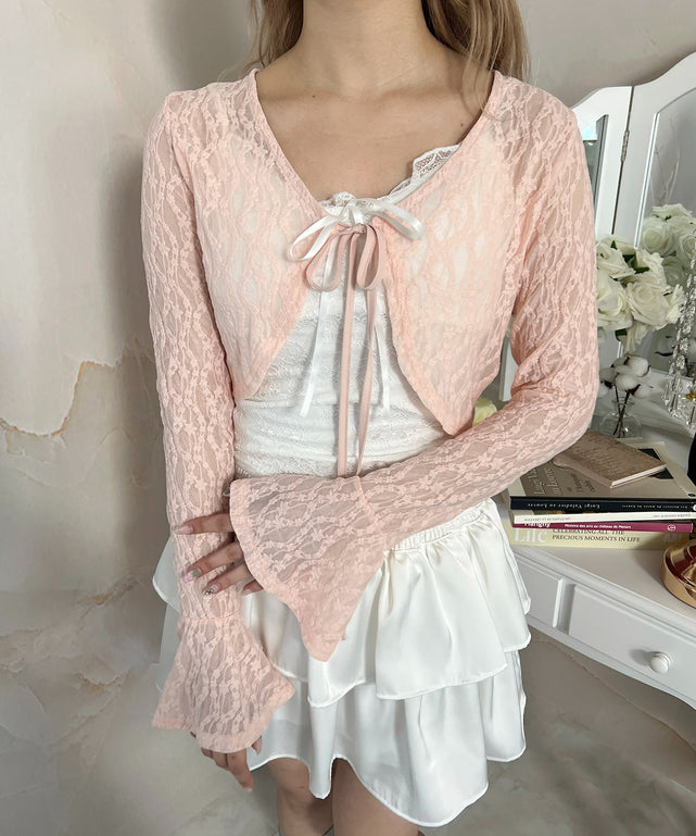 ベルスリーブリボンシアーカーディガン/ピンク モデル：160㎝ F着用