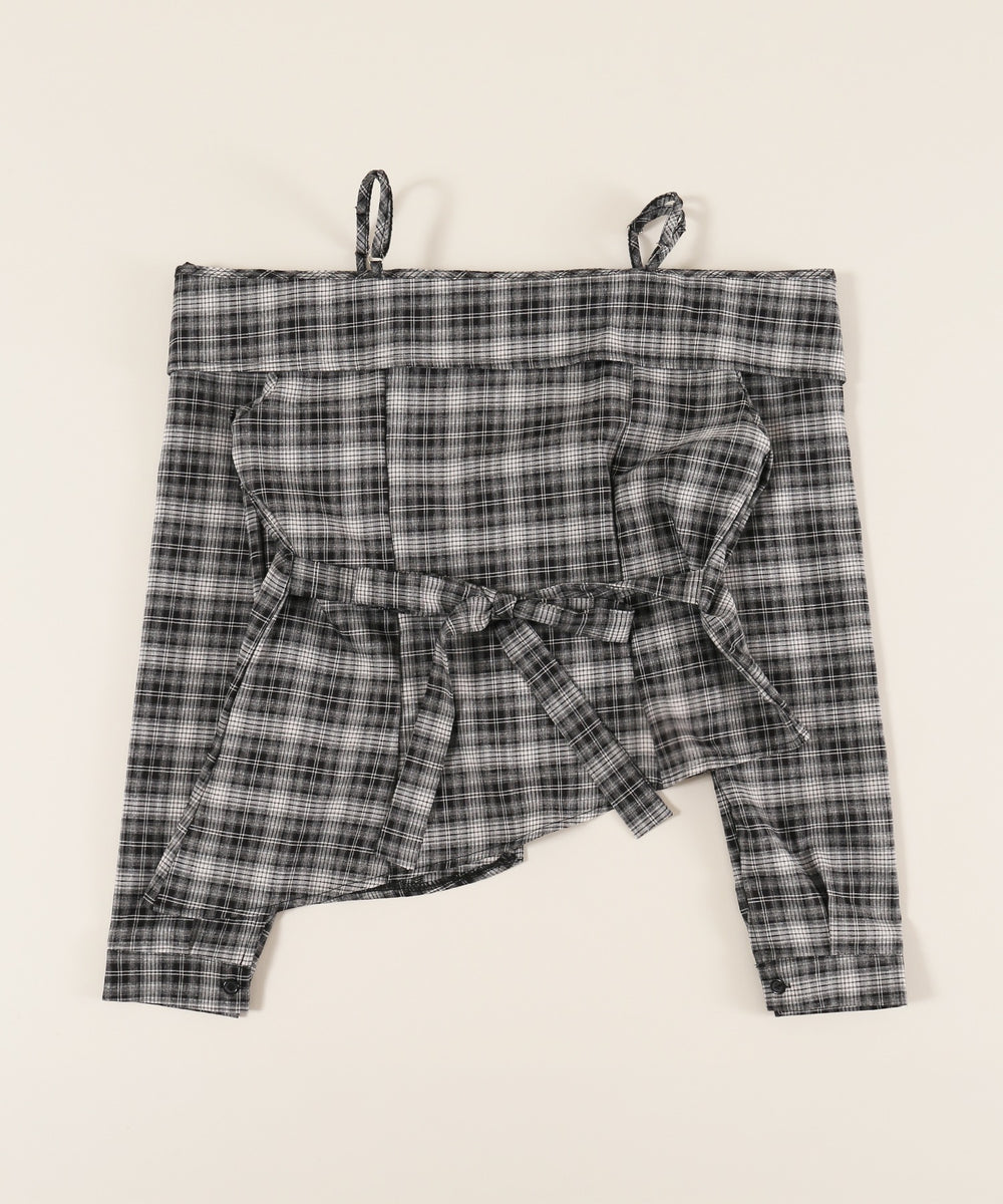 リボンベルトオフショルチェックシャツ