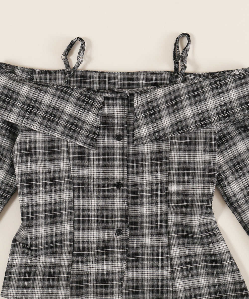 リボンベルトオフショルチェックシャツ