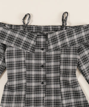 リボンベルトオフショルチェックシャツ