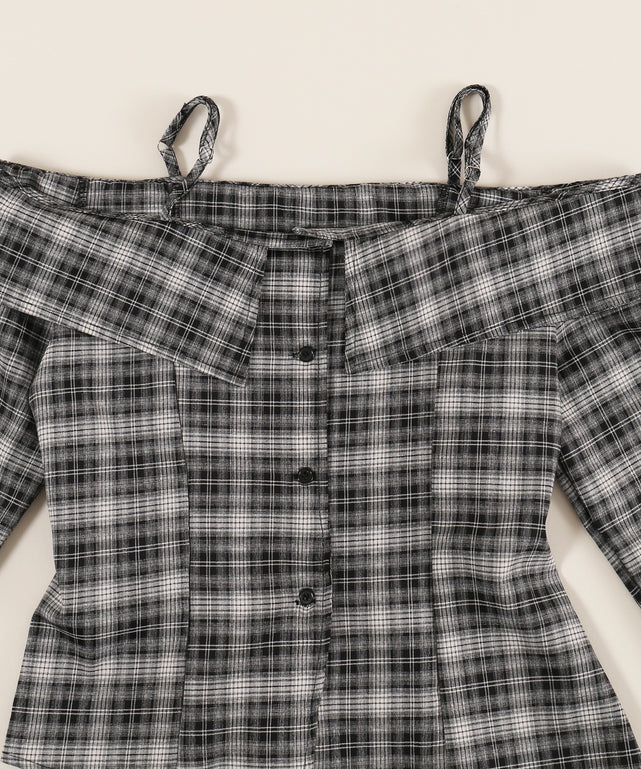 リボンベルトオフショルチェックシャツ