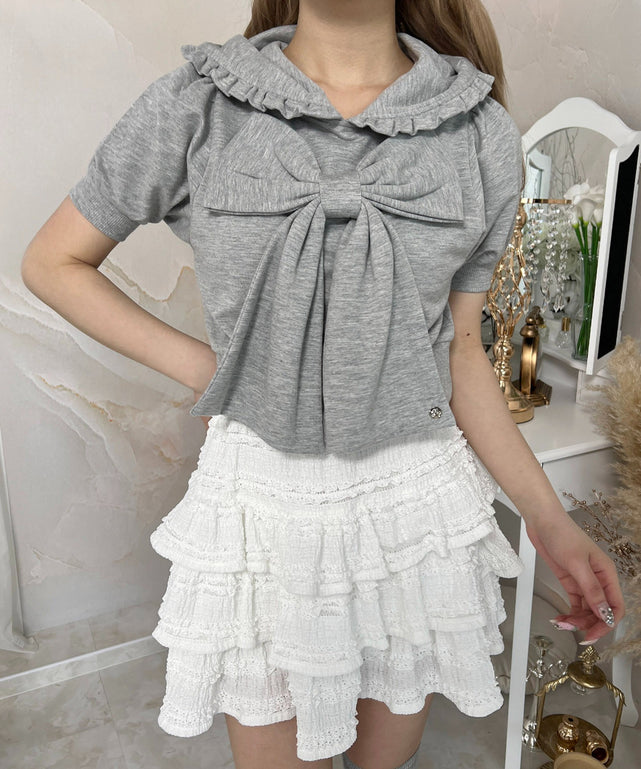 ビッグリボン半袖パーカー/グレー モデル：160㎝ F着用