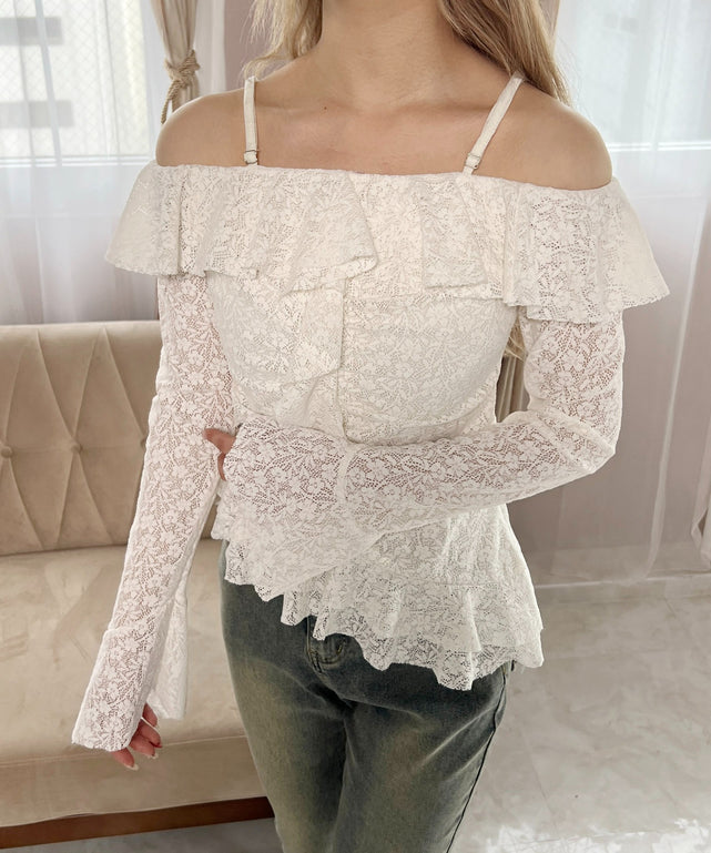 ベルスリーブレースオフショルトップス/ホワイト モデル：160㎝ F着用