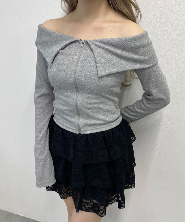 オフショルジップトップス/グレー モデル：160㎝ F着用