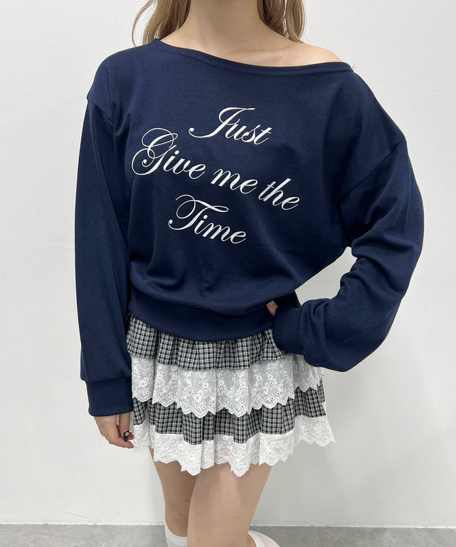 ワンショルメッセージトップス/ネイビー モデル：160㎝ F着用