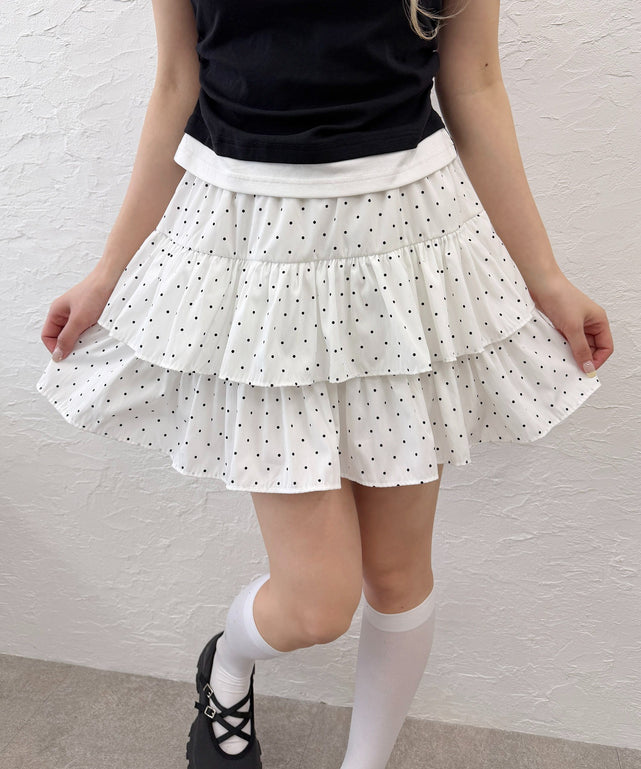 ドット2段フリルミニスカート/ホワイト モデル：160㎝ F着用