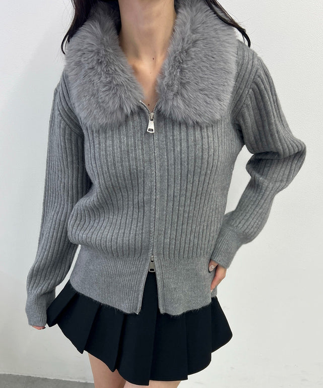 ファーカラージップニットカーディガン/グレー モデル：158㎝ F着用