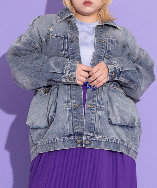 萌 デニムジャケット オーバーサイズ パッチワーク ビックポケット ゆったり 萌 デニムジャケット オーバーサイズ パッチワーク ビック