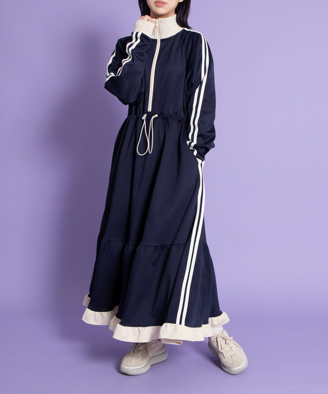 ノントーキョー】人気ラバーロゴネーム 長袖ジャージフリルワンピース フリーサイズ NON TOKYO JERSEY FRILL ONE-PIECE(BLUE×BLACK) NON-23A-0710