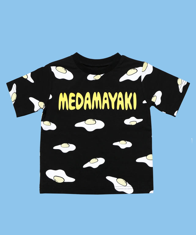 キッズサイズフード総柄Tシャツ/ブラック(目玉焼き)
