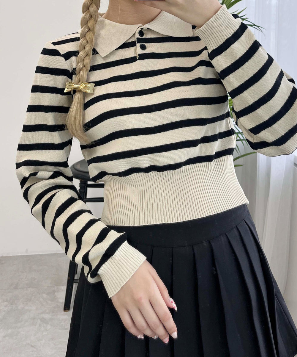 ボーダーニット長袖ポロシャツ