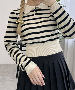 ボーダーニット長袖ポロシャツ