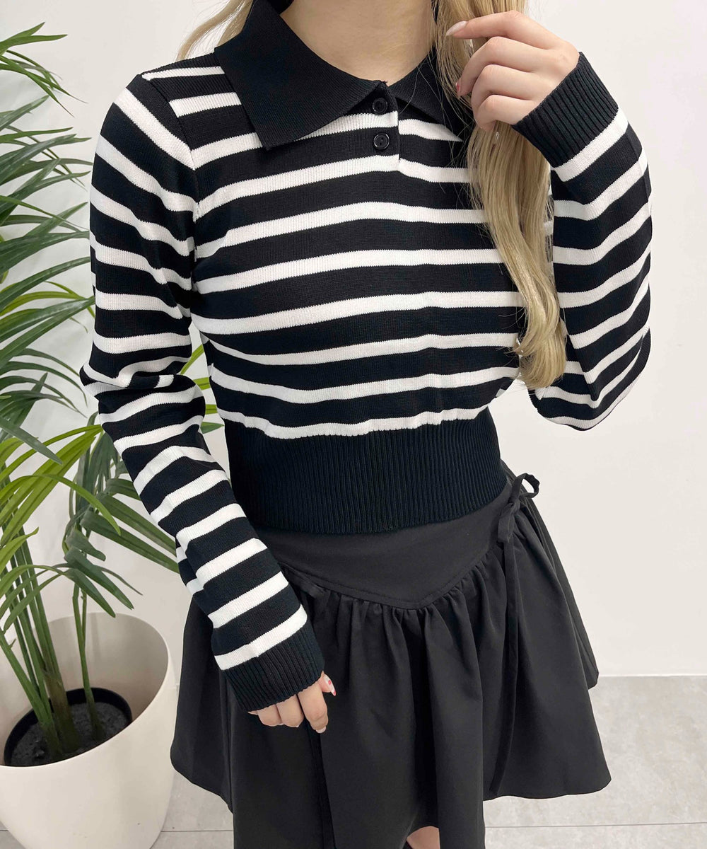 ボーダーニット長袖ポロシャツ
