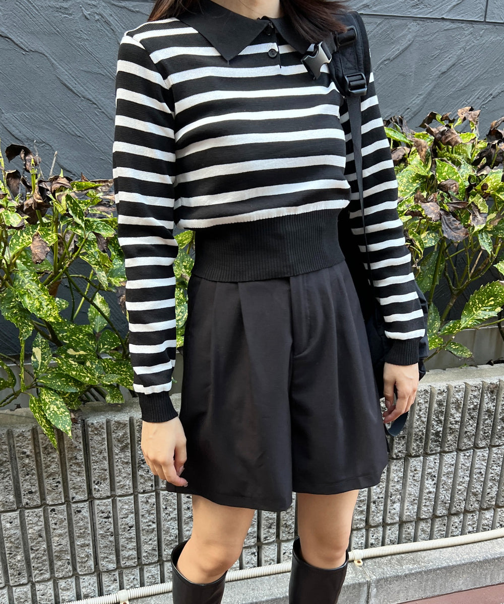 ボーダーニット長袖ポロシャツ