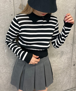 ボーダーニット長袖ポロシャツ